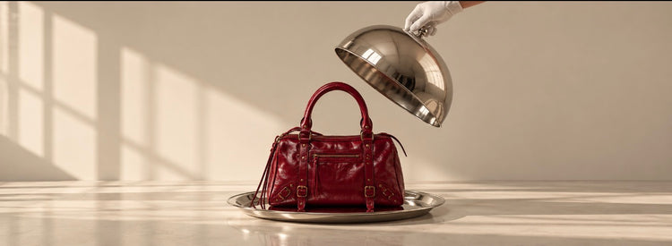 A red leather handbag revealed beneath a silver cloche